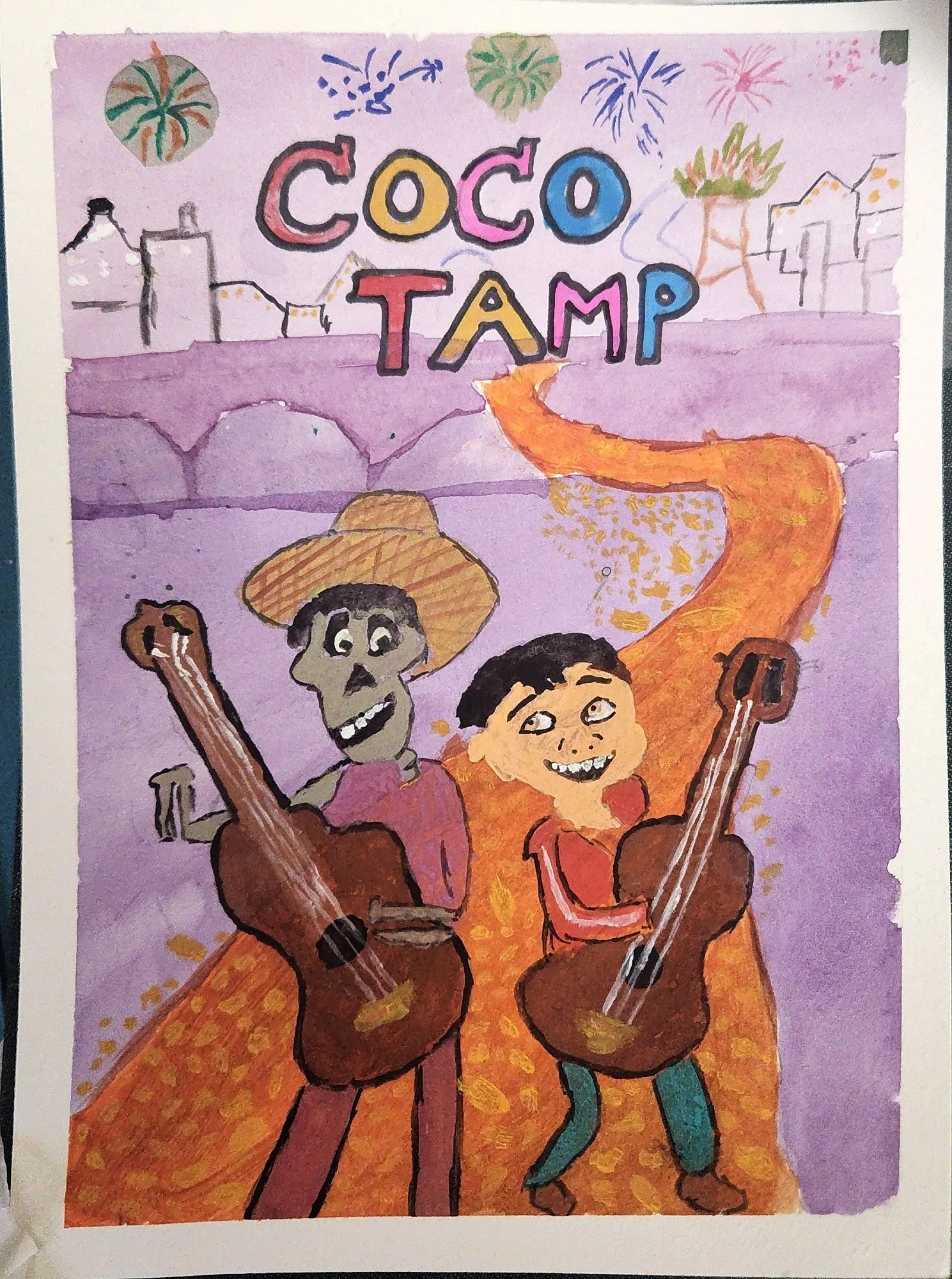 Painting made with acrylic and gouache paints, which mimics the poster for the Pixar movie Coco. It features two people standing on a bridge made of yellow-orange petals holding guitars. One is a young kid wearing a red hoodie and blue pants with a brown guitar. The second person is a skeleton wearing red shirt, brown pants, and light brown hat. He is also holding a brown guitar. Both the skeleton and the boy do not have fingers because the author (and painter) of this does not know how to draw and paint fingers properly. In the background, fireworks are going off to celebrate the Day of the Dead (Dia de (los) Muertos), and on top is written COCO TAMP. COCO TAMP stands for Commonsense Correlational Task and Motion Planner, and this poster uses the familiarity of the research name with the Pixar movie Coco.